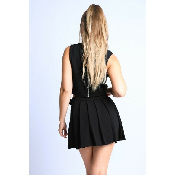 Women Sleeveless Crop top and Thigh belted Pleated Skater Skirt 2piece SET - Picture 5 of 7